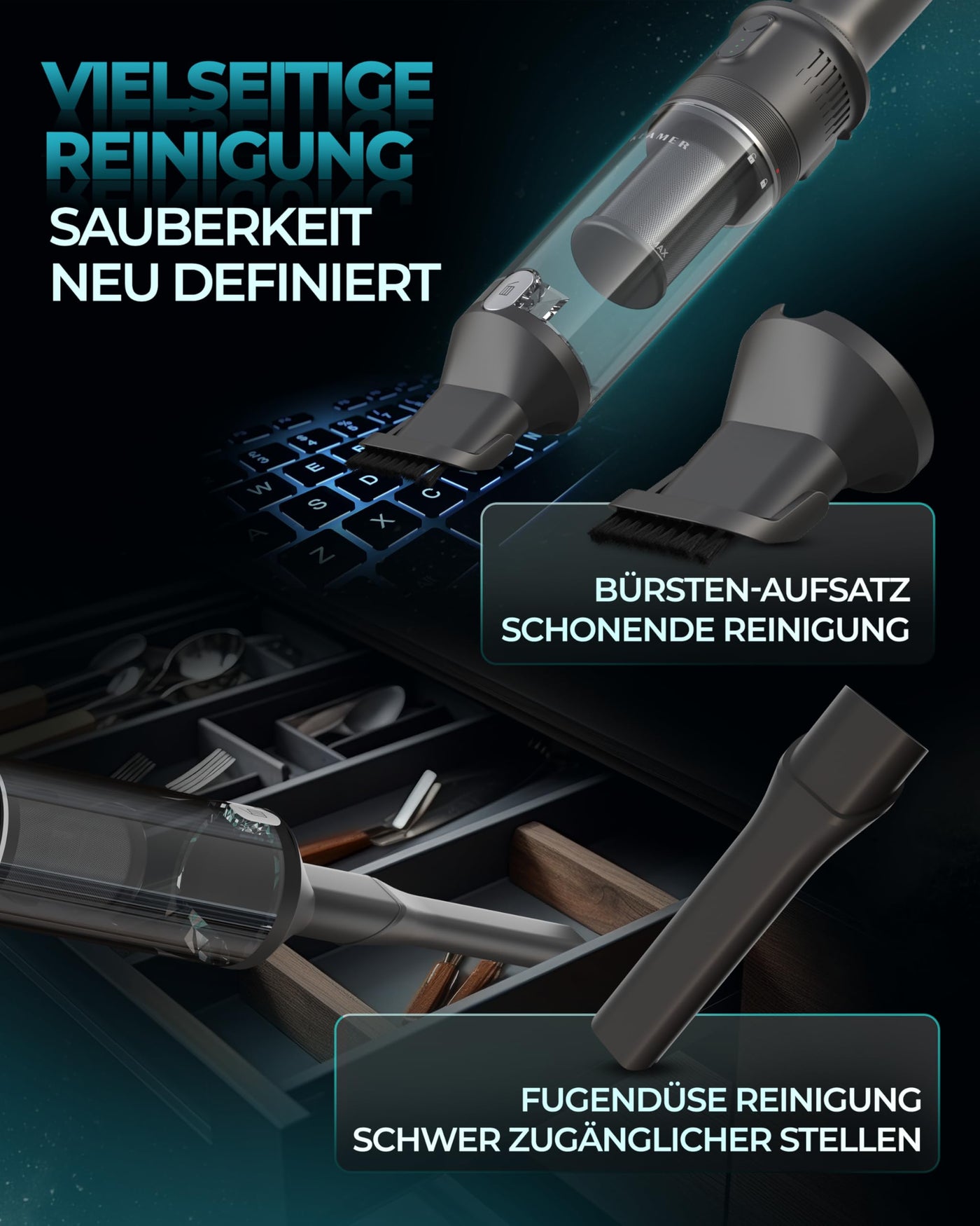 KLAMER Handstaubsauger, 140W Akku Handstaubsauger, Leistungsstark mit 16.000 PA und 36 min Laufzeit, Kabelloser Handstaubsauger inkl. Ladestation für Büro, Haus & Auto, beutellos