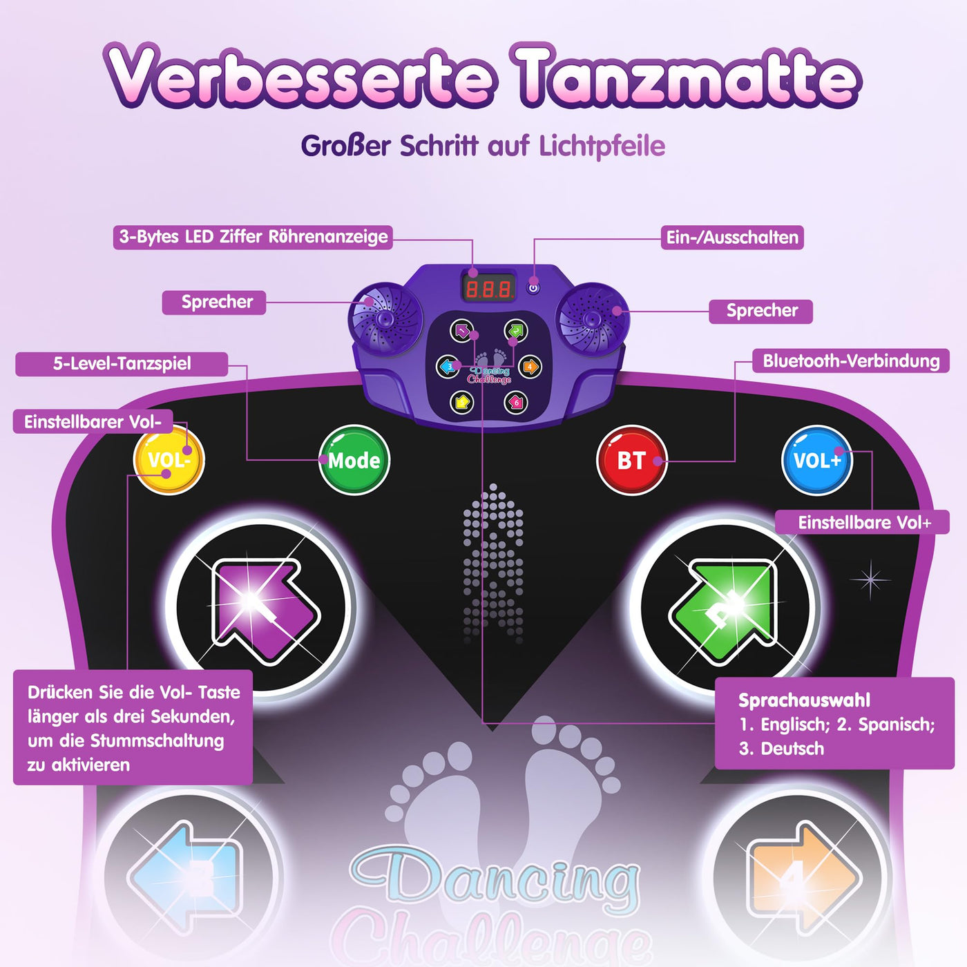 Hot Bee Leuchtend Tanzmatte für Kinder ab 3-10 Jahre Mädchen, Spielzeug ab 3-12 Jahre Mädchen, Mädchen Geschenke 3-12 Jahre, Musik Matte mit 6 Leuchtenden Pfeilen, Bluetooth, 5 Modi