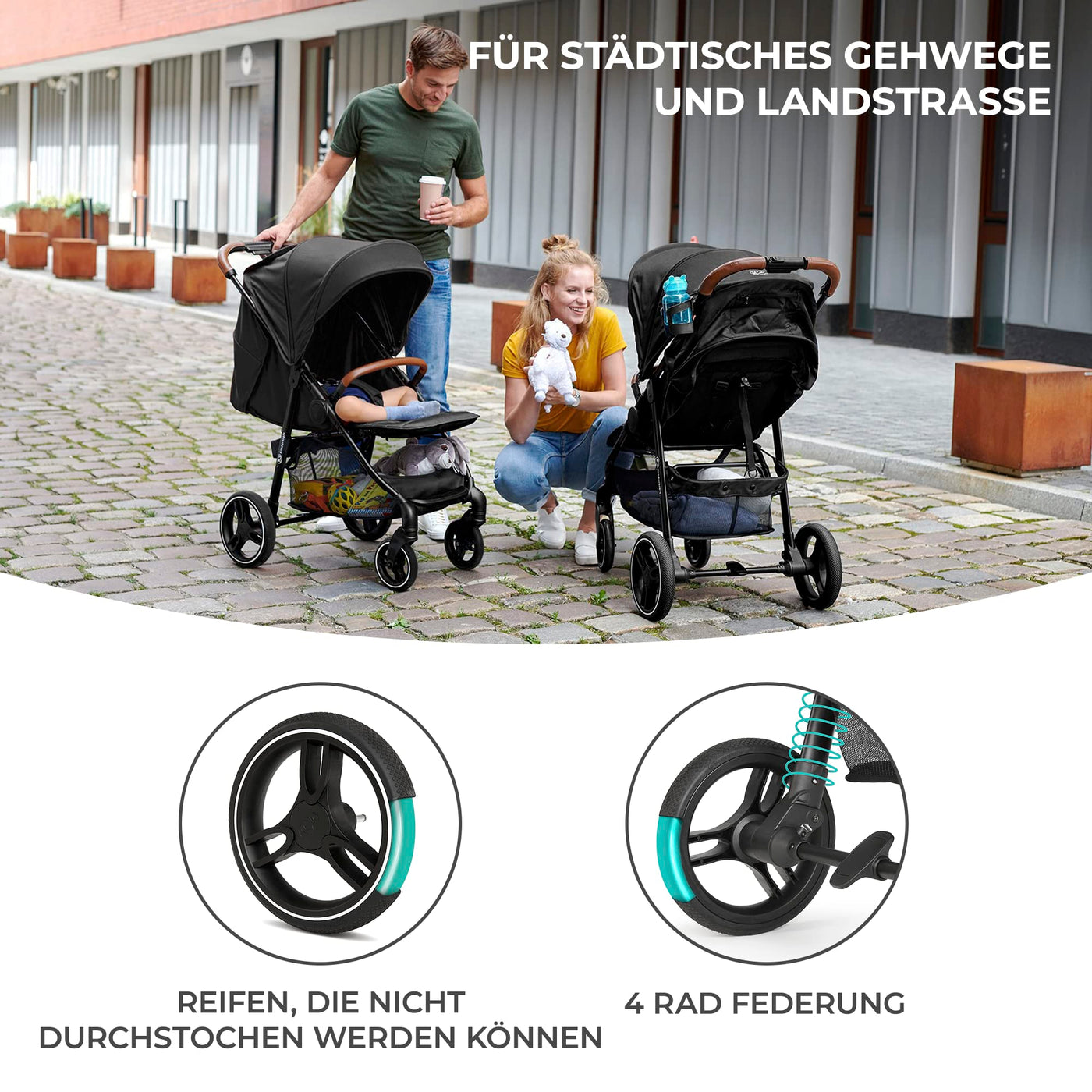Kinderkraft GRANDE PLUS Kinderkraft buggy von Geburt bis 22 kg, Zusammenklappen mit einer Hand, Liegeposition, großes Verdeck mit Fenster, alle 4 Räder gedämpft, geräumige Sitz, Schwarz