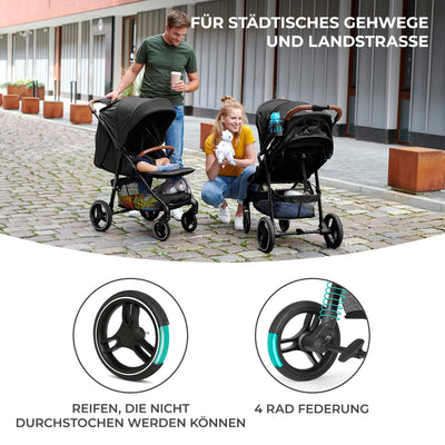 Kinderkraft GRANDE PLUS Kinderkraft buggy von Geburt bis 22 kg, Zusammenklappen mit einer Hand, Liegeposition, großes Verdeck mit Fenster, alle 4 Räder gedämpft, geräumige Sitz, Schwarz