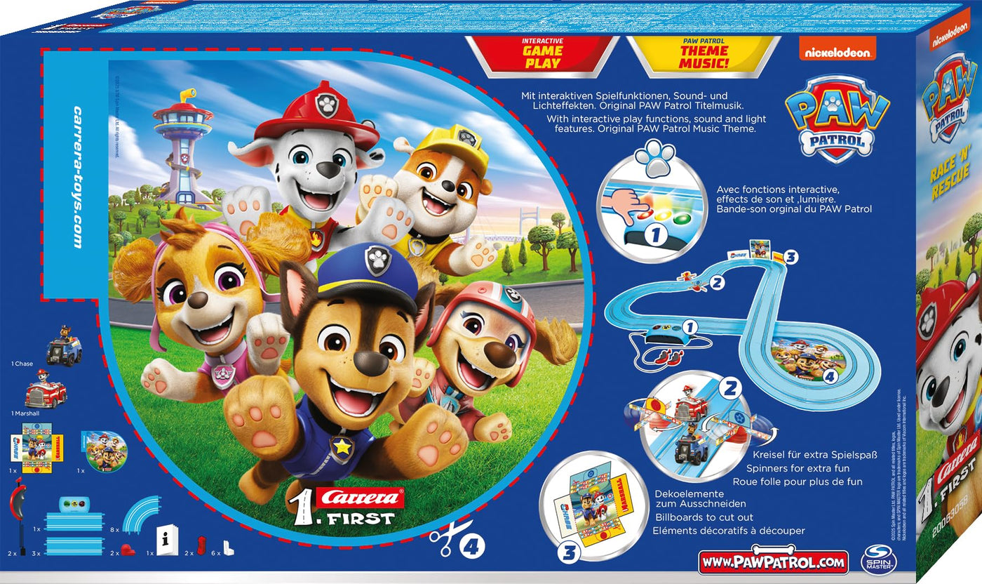 Carrera First PAW Patrol, Race 'N' Rescue – 3,5 Meter Lange Bahn mit Licht-, Sound- & Musikeffekten, interaktive Funktionen – Für aufregende Rettungsmissionen und Abenteuer im Kinderzimmer