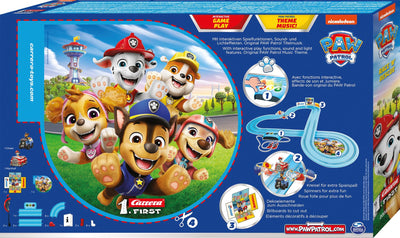 Carrera First PAW Patrol, Race 'N' Rescue – 3,5 Meter Lange Bahn mit Licht-, Sound- & Musikeffekten, interaktive Funktionen – Für aufregende Rettungsmissionen und Abenteuer im Kinderzimmer