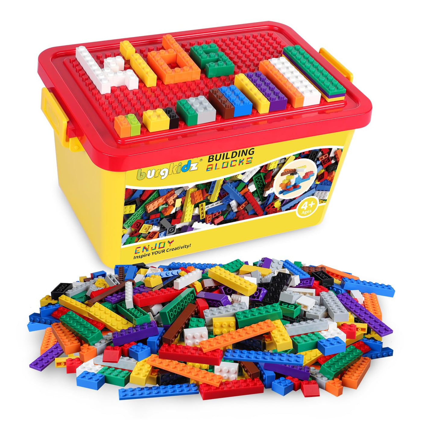 burgkidz Bausteine 520-teiliges Set, 500 Grundbausteine in 10 Farben Inklusive Räder, Fenster und Türen, Schüttgutblock mit wiederverwendbarer Aufbewahrungsbox für Kinder 4-8 Jahre Jungen Mädchen