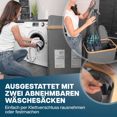 Lavanderi® Wäschekorb 2 Fächer & Deckel [schmal grau 140L XL] - Faltbare Wäschebox mit Waschhinweisen - Wäschesammler groß als Schmutzwäschebehälter - Laundry basket organizer with smartcards