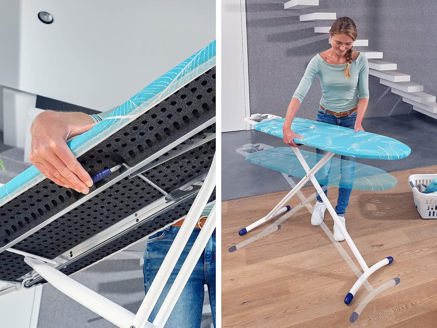 Leifheit Bügelbrett Air Board M Solid Plus ist höhenverstellbar, Bügeltisch für Dampfbügeleisen, Dampfbügeltisch mit Zwei-Seiten-Bügeleffekt