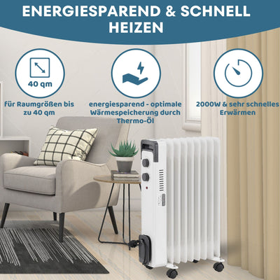 STAHLMANN Ölradiator ZR17 2000 Watt – Elektroheizung Energiesparend bis 40 qm Fläche – Heizung Elektrisch mit Thermostat und 3 Heizstufen – Elektrisches Heizgerät, Electric Heater Weiss