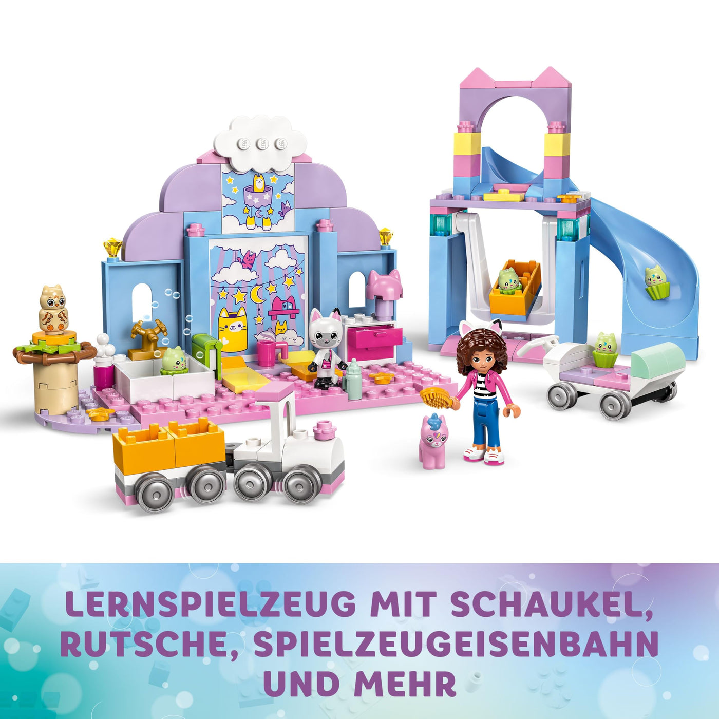 LEGO Gabby's Puppenhaus – Gabbys Katzenpflege Spielset – Kreatives Tier Spielzeug - Bauset mit Auto, Zug, Rutsche, Minifiguren & Zubehör – Kinder Geschenk für Mädchen ab 4 Jahren – 10796