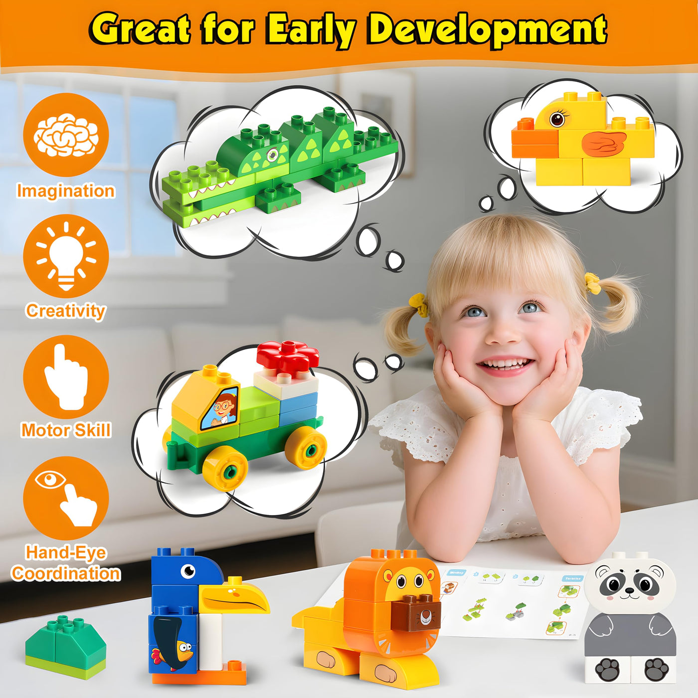 MOONTOY Große Bausteine, 125 Teile Bunte Bauklötze zum Bauen von 16 Tier, Bauspielzeug Konstruktionsspielzeug für Kleinkinder Classic STEM Lernspielzeug Spielzeug für Kinder ab 2 3 4 Jahre Geschenk