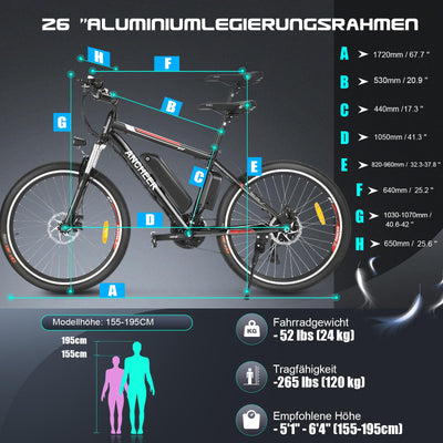 ANCHEER 26 Zoll E Bike, Elektrofahrräder für Damen und Herren, Electric Bike/Pedelec mit 36V 10.4Ah Batterie, 3 Modi, 250W Motor & 45NM, bis zu 100km