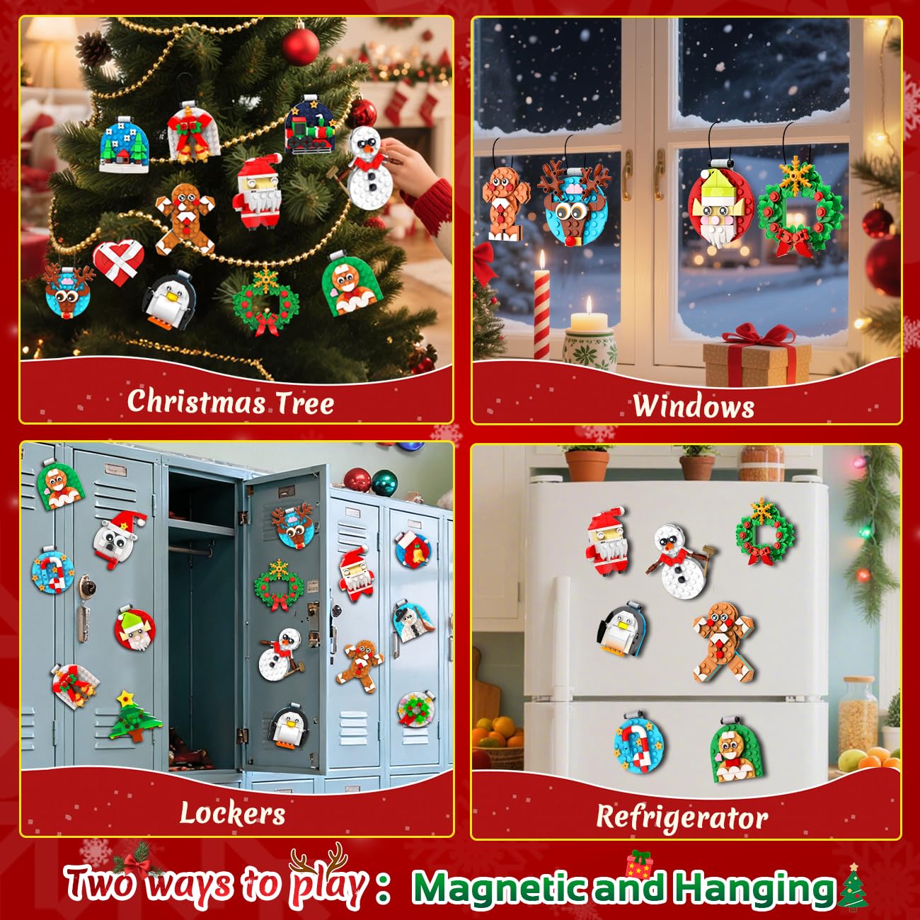 HiWEEGO 2025 Weihnachten Bauset, 2 in 1 Teile Hängende Magnetisch Weihnachtsbaum Ornamente Lebkuchenmännchen Kranz Weihnachtsmann Schneemann, Weihnachts Klemmbausteine für Erwachsene Kinder Jahren 6+