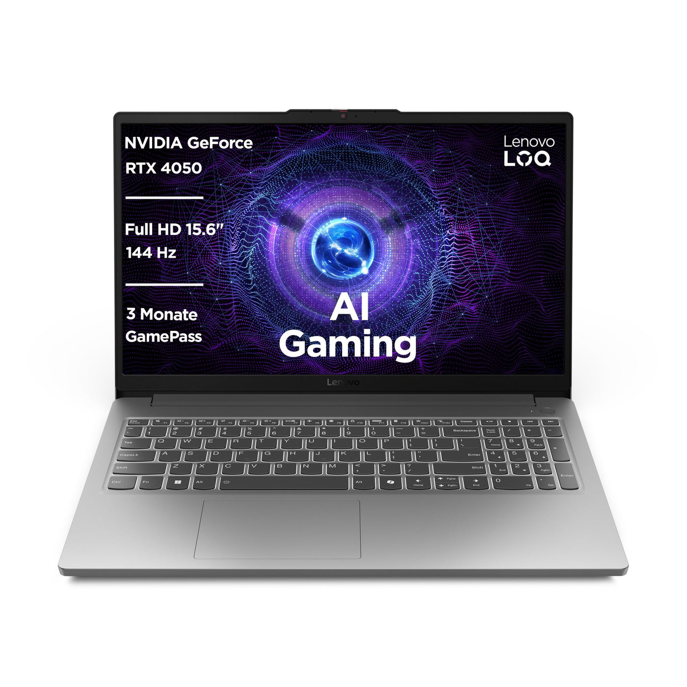 Lenovo LOQ Essential Gaming AI Laptop | 15.6" Full HD 144Hz Display | NVIDIA GeForce RTX 4050 | Intel Core i7-12650HX | 16GB RAM | 1TB SSD | Win11 | QWERTZ | Luna Grau | 3 Monate GamePass