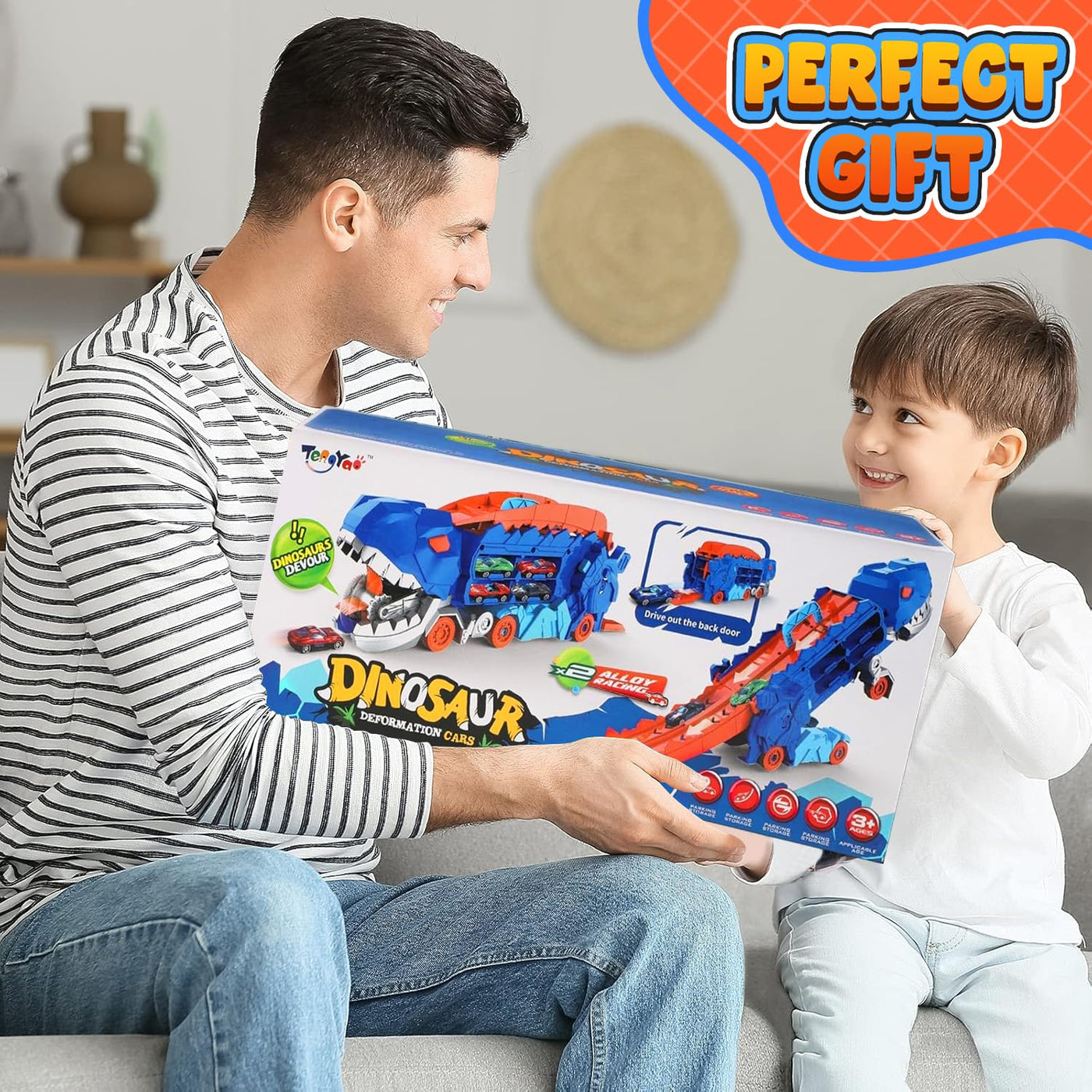 Esteopt Transport Truck Spielzeug Autos für Jungen Alter 3 4 5 6 7, tragbare Dinosaurier Rennstrecke Truck mit 12 Dinosaurier Set Geschenkbox (Blau)