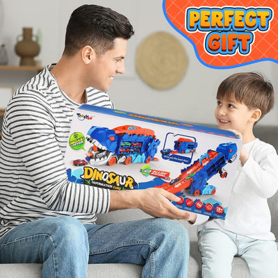 Esteopt Transport Truck Spielzeug Autos für Jungen Alter 3 4 5 6 7, tragbare Dinosaurier Rennstrecke Truck mit 12 Dinosaurier Set Geschenkbox (Blau)