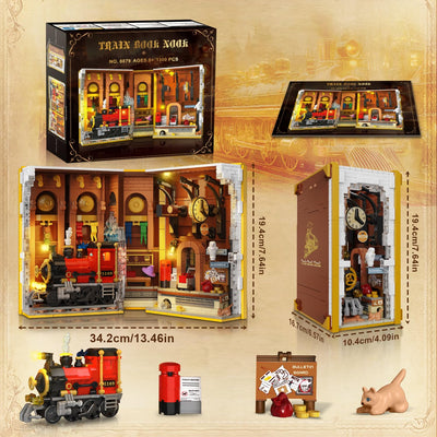 HOGOKIDS Magischer Bahnhof Book Nook Bauspielzeug Set mit LED, 1300 Pcs Buchstützen-Bausteinsatz für Bücherregal, Heimdekoration, DIY Booknook Geschenke für Erwachsene, Jungen Mädchen ab 10 Jahren