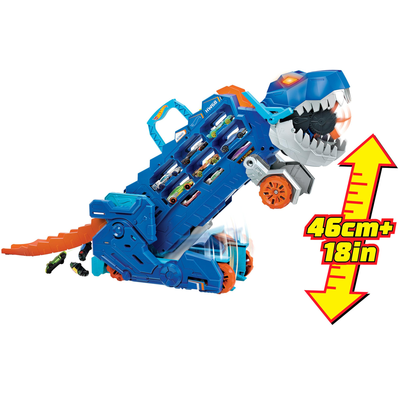 Hot Wheels Let's Race Netflix -2:1 Transporter zu T-Rex mit inkl. Autorennbahn, mit Beleuchtung und Geräuschen, inkl. 2 Spielzeugautos, Platz für 20 Autos, Hot Wheels Dino, Spielzeug ab 4 Jahre, HNG50