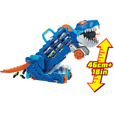 Hot Wheels Let's Race Netflix -2:1 Transporter zu T-Rex mit inkl. Autorennbahn, mit Beleuchtung und Geräuschen, inkl. 2 Spielzeugautos, Platz für 20 Autos, Hot Wheels Dino, Spielzeug ab 4 Jahre, HNG50