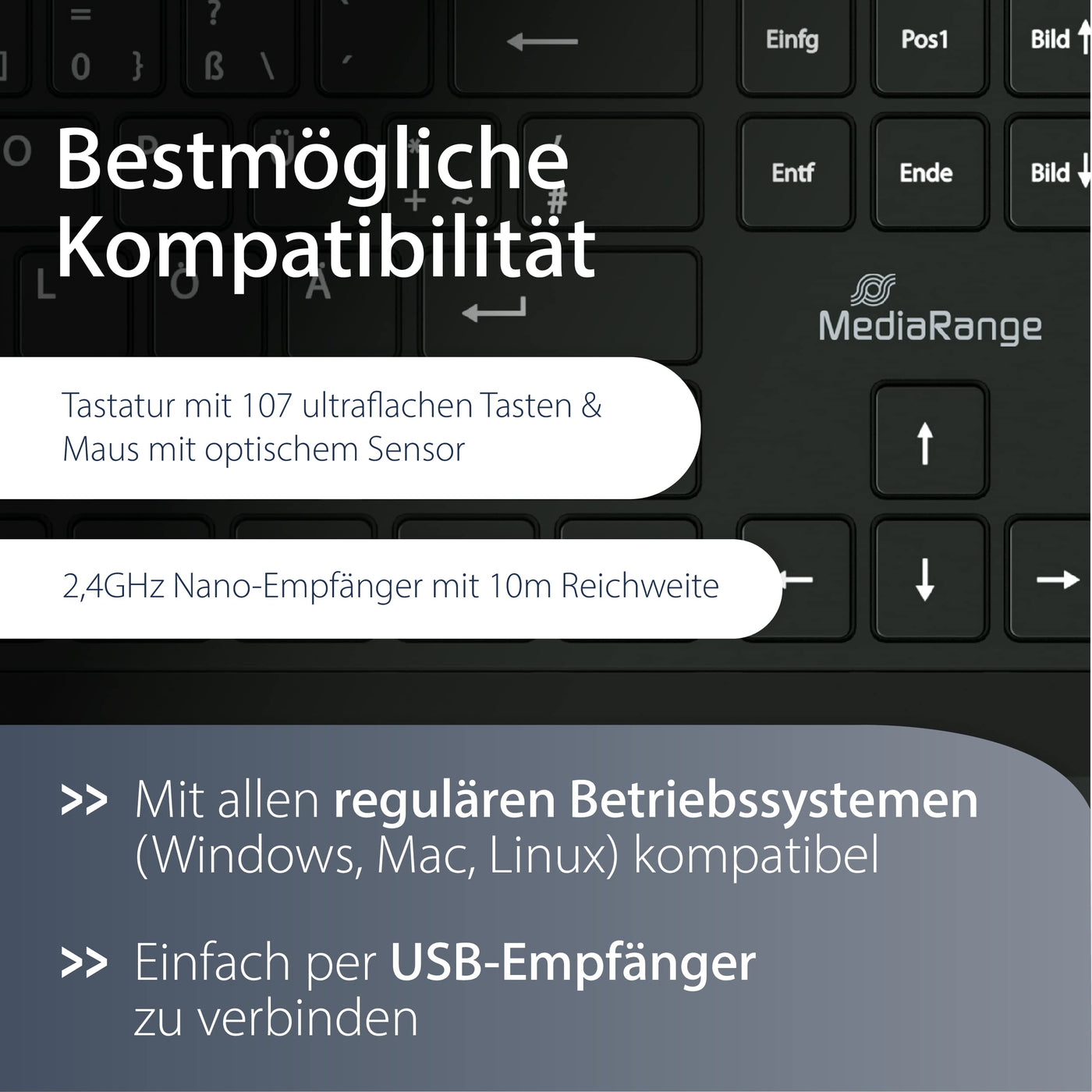 MediaRange Funk-Tastatur und optische 5 Tasten Funk-Maus Set, QWERTZ, schwarz