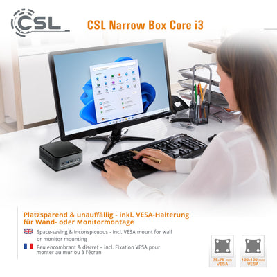 Mini PC CSL Narrow Box Core i3 Windows 11 Pro, Intel Core i3-N305 8X 3800 MHz Turbotakt, 1000 GB M.2 SSD, 16 GB DDR4-RAM, Intel UHD Grafik, HDMI 2, USB 3.2, BT 5.2, DisplayPort, Dual WLAN