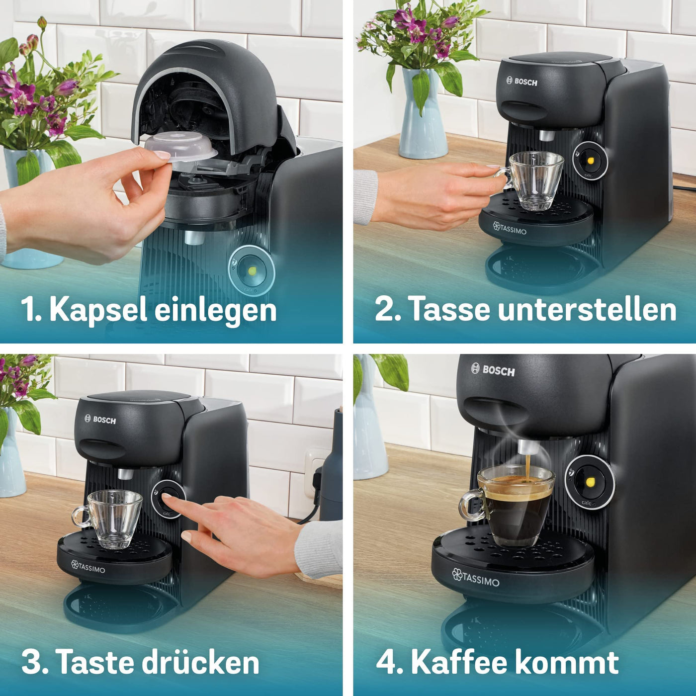 Bosch Tassimo Finesse Kapselmaschine TAS16B7 Kaffeemaschine by, 70 Getränke, intensiverer Kaffee auf Kopfdruck, Abschaltautomatik, perfekt dosiert, platzsparend, 1400 W, schwarz
