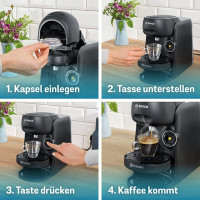 Bosch Tassimo Finesse Kapselmaschine TAS16B7 Kaffeemaschine by, 70 Getränke, intensiverer Kaffee auf Kopfdruck, Abschaltautomatik, perfekt dosiert, platzsparend, 1400 W, schwarz