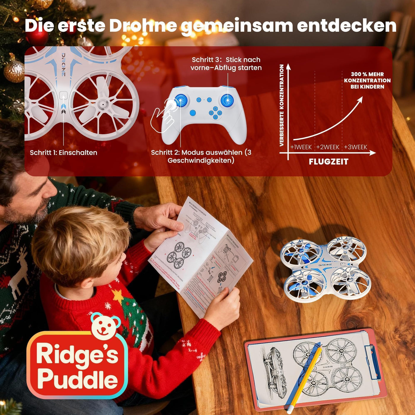 Ridge's Puddle Mini Drohne für Kinder - Geschenke Junge RC Flugzeug Drone Kinder mit LED Lichter Spielzeug ab 6 7 8 9 10 Jahre Jungen Mädchen 2 Batterien