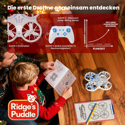 Ridge's Puddle Mini Drohne für Kinder - Geschenke Junge RC Flugzeug Drone Kinder mit LED Lichter Spielzeug ab 6 7 8 9 10 Jahre Jungen Mädchen 2 Batterien