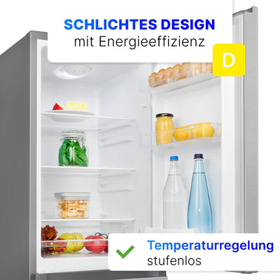 Bomann® Kühlschrank mit Gefrierfach 143cm hoch | Kühl Gefrierkombination 175L mit 3 Ablagen & 3 Schubladen | Türanschlag wechselbar | leise Kühlgefrierkombi 39db | Kühlschrank KG 322.1 inox-look