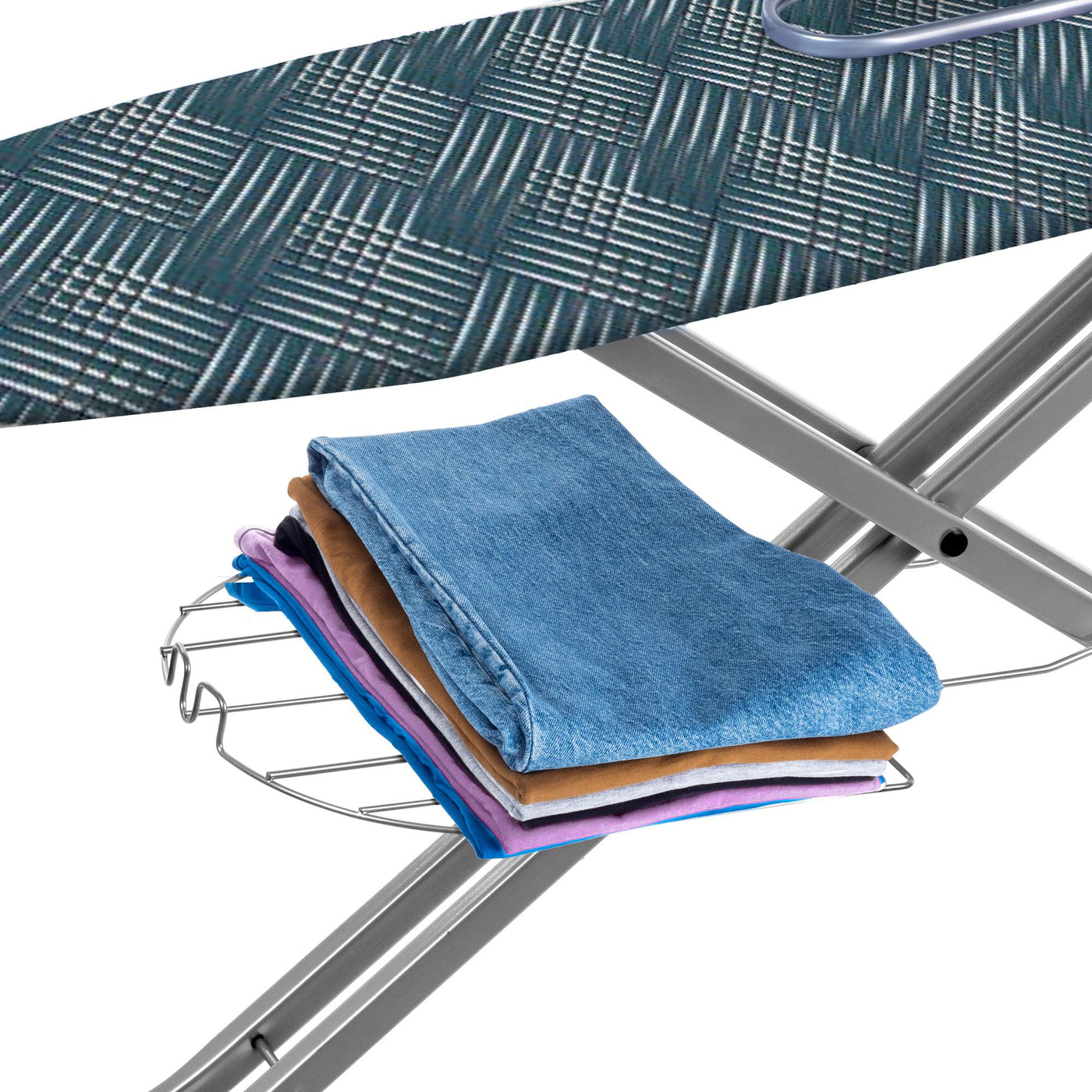 KADAX Bügelbrett mit eingebautem Verlängerungskabel, Klappbarer Bügeltisch mit Kabelhalterung, Dampfbügeltisch mit ausziehbarer Ablage für Kleidung (Grün)