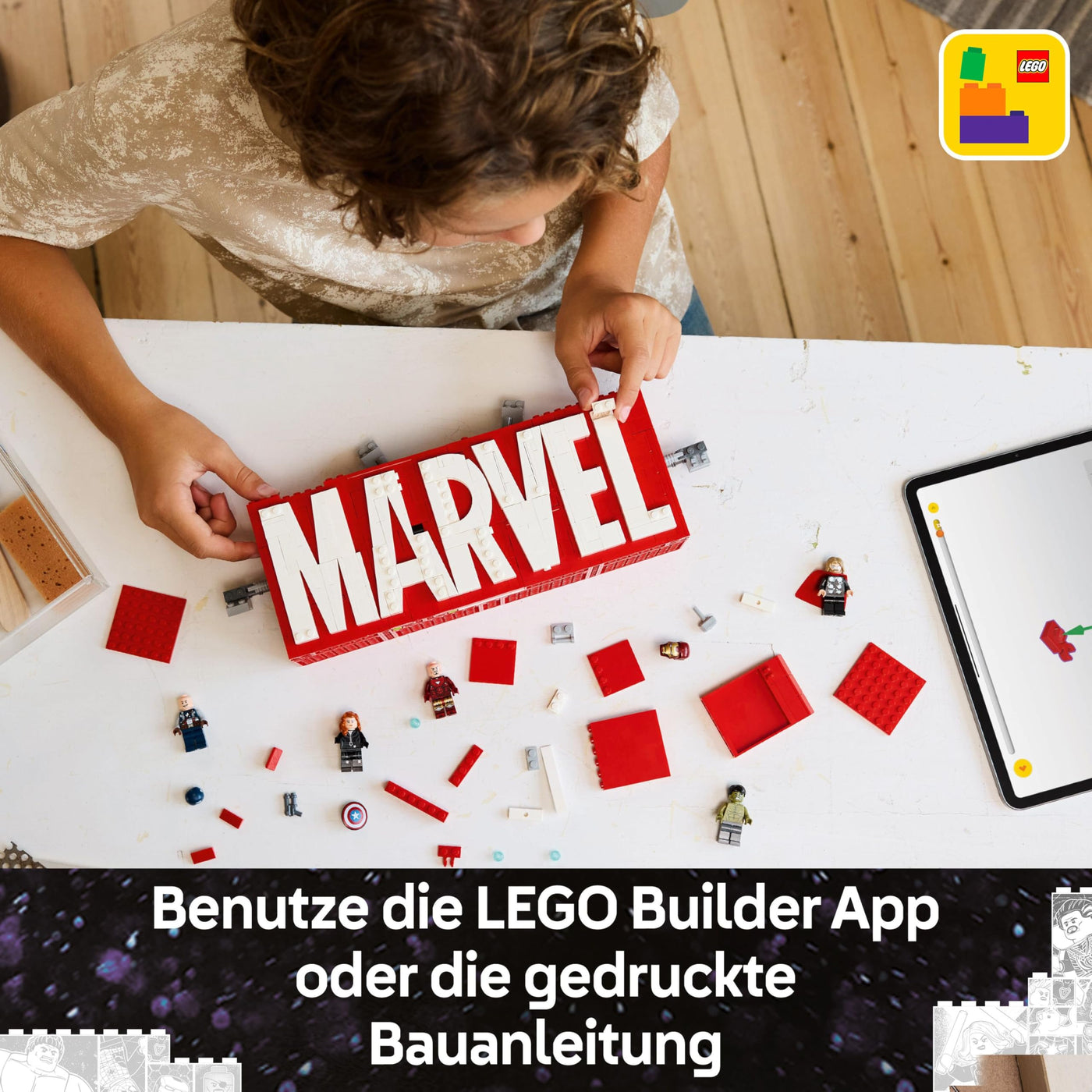 LEGO Marvel: Marvel Logo & Minifiguren - Sammlerstück inkl. Hulk, Thor, Iron Man, Black Widow und Captain America - Bauset mit Avengers Figuren - Geschenk für Jungen und Mädchen ab 12 Jahren 76313