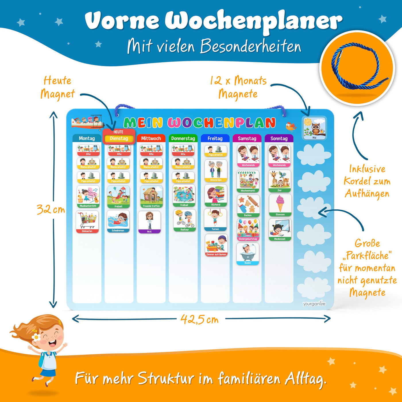 YOURGANIZE® 2-in-1 Wochenplaner Kinder & Tagesplaner Kinder inkl. 196 Magnete + 160 Sticker zum Personalisieren - Routine Planer Kinder