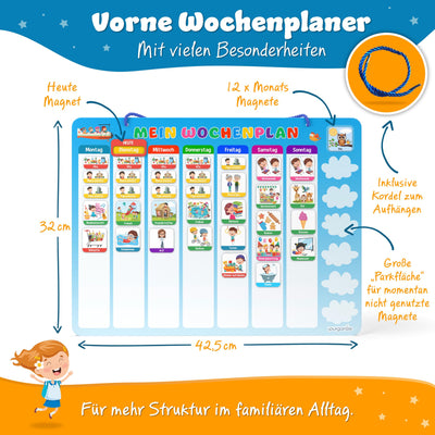 YOURGANIZE® 2-in-1 Wochenplaner Kinder & Tagesplaner Kinder inkl. 196 Magnete + 160 Sticker zum Personalisieren - Routine Planer Kinder
