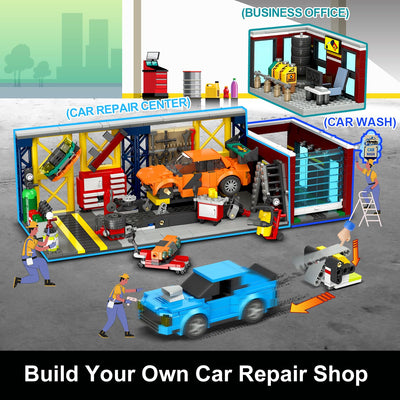 HOGOKIDS 3 IN 1 City Auto Garage Bausteine, 1022 Teiles Technik Autowerkstatt, Waschanlage, Werkstatt mit 2 Autos Bausatz Mechanic Reparatur Baustelle Spielzeug Geschenk für 10+ Jungen Kinder Mädchen