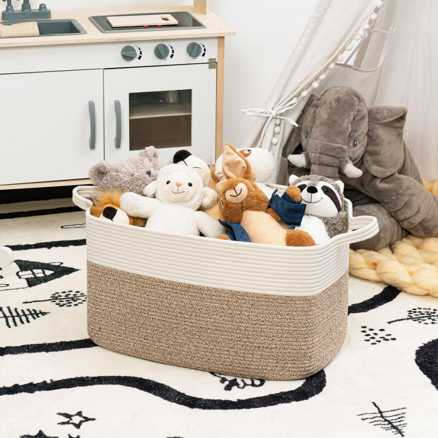 TIMEYARD Wäschekorb, Korb Aufbewahrung, Faltbarer Wäschekorb, Aufbewahrungskorb für Baby Spielzeug, Square Laundry Baskets, Korb Aufbewahrung für Decken, kissen, Gästehandtuchkorb, 65L, Weiß und Braun
