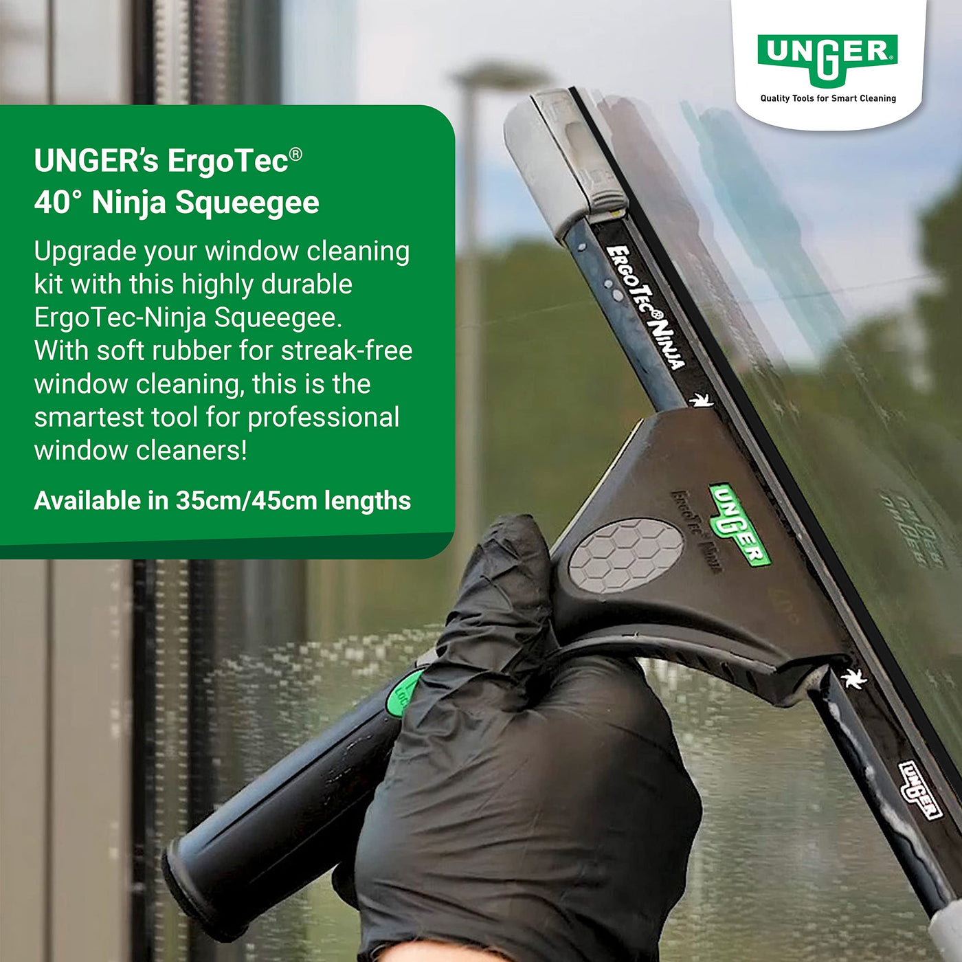 UNGER ErgoTec Ninja Fensterwischer 40° (Breite 45 cm, ergonomischer Griff, mit Soft-Gummi, Zwei Gummi Positionen, Fensterabzieher mit Schwenkfunktion) EN450