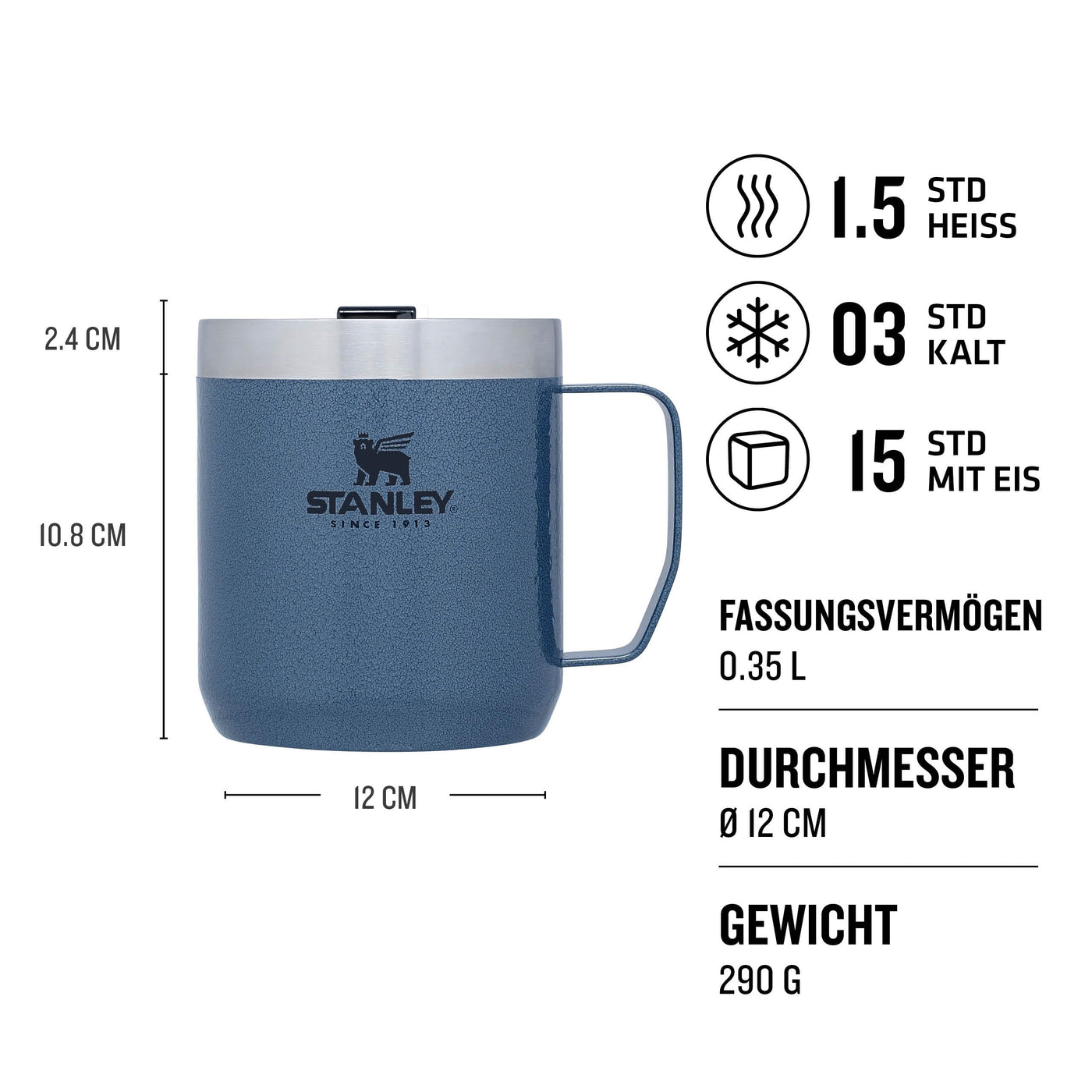 Stanley Classic Legendary Camp Mug Thermobecher 354 ml - Hält 1.5 Stunden Heiß - 3 Stunden Kalt - BPA-Frei - Spülmaschinenfest - Edelstahl Kaffeebecher To Go - Hammertone Lake