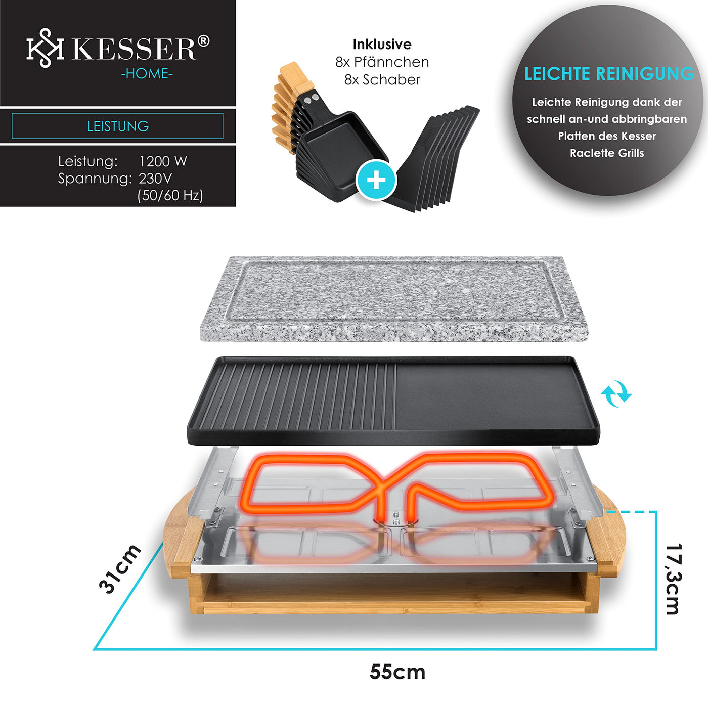 KESSER® Raclette-Grill mit Naturgrillstein, Grillplatte Tischgrill für 8 Personen, Elektrogrill Raclette Grill antihaftbeschichteter Grillplatte, 8 Pfannen und Holzspatel 1200W