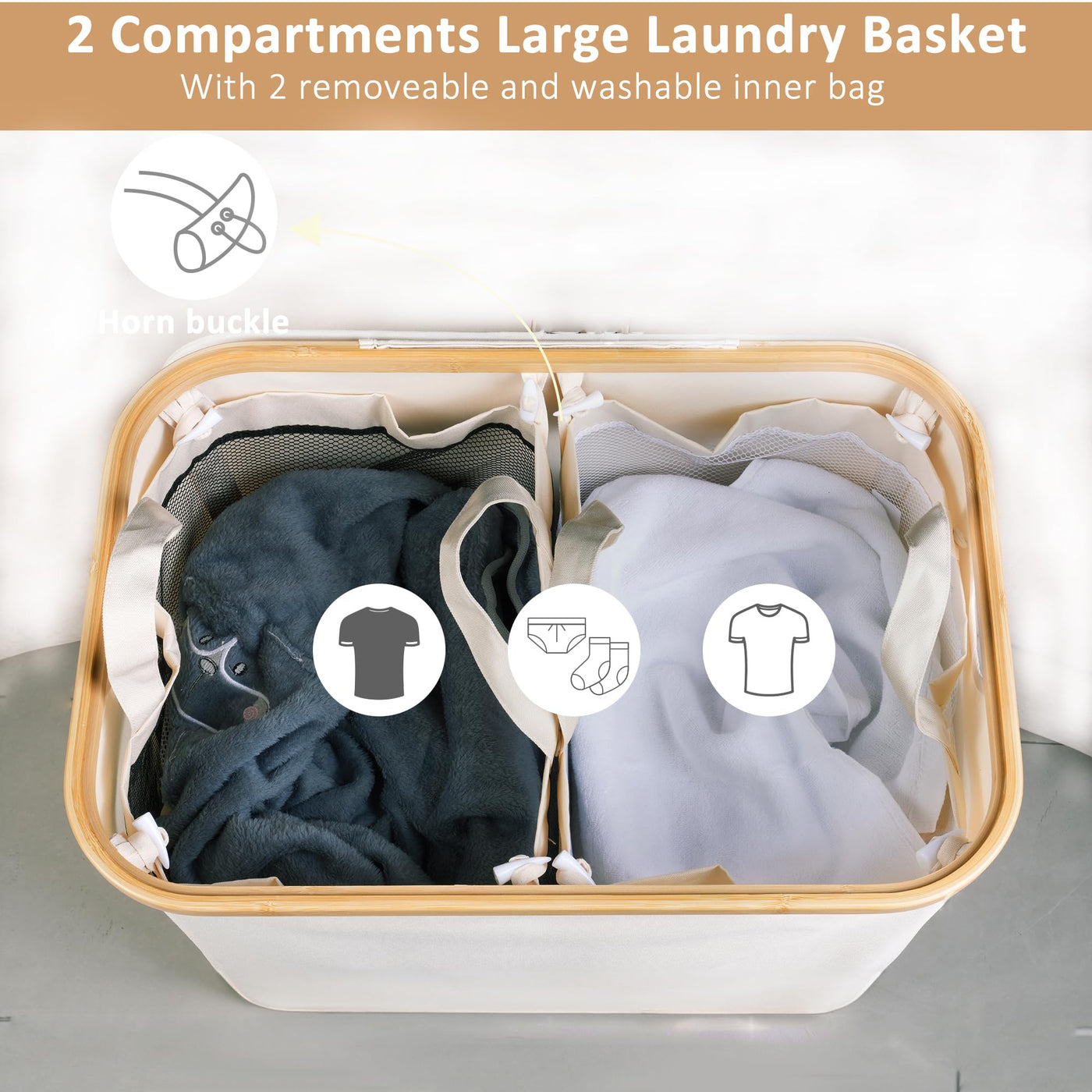 iEGrow Wäschekorb150L XL-Extra Groß 2 Fächer Wäschesammler mit Bambusgriff und Deckel, Laundry Baskets, Wäschekörbe für Waschküche, Schlafzimmer, Badezimmer (Beige)