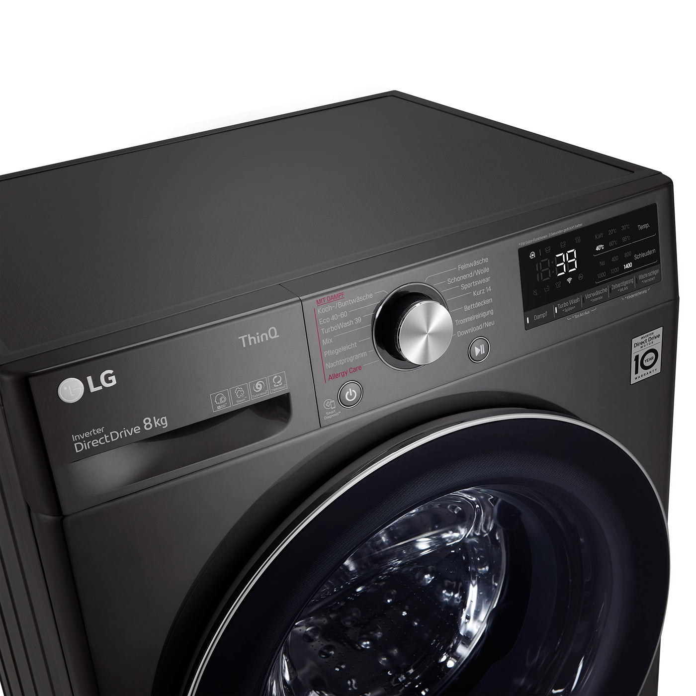 LG F4WV708P2BA, Klasse A, Frontlader-Waschmaschine 8 kg, Wi-Fi, AI Direct Drive, Tiefenreinigung mit Dampf, TurboWash 360°, TRIPLE A, Außentür aus gehärtetem Glas, 60x62x85 cm ꟷ Metallic Black Steel