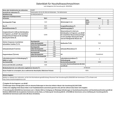 Sharp ES-NFB214CWDA-DE Waschmaschine Frontlader/A / 12 kg / 1400 U/min. / 15 Programme mit Dampffunktion/Weiß