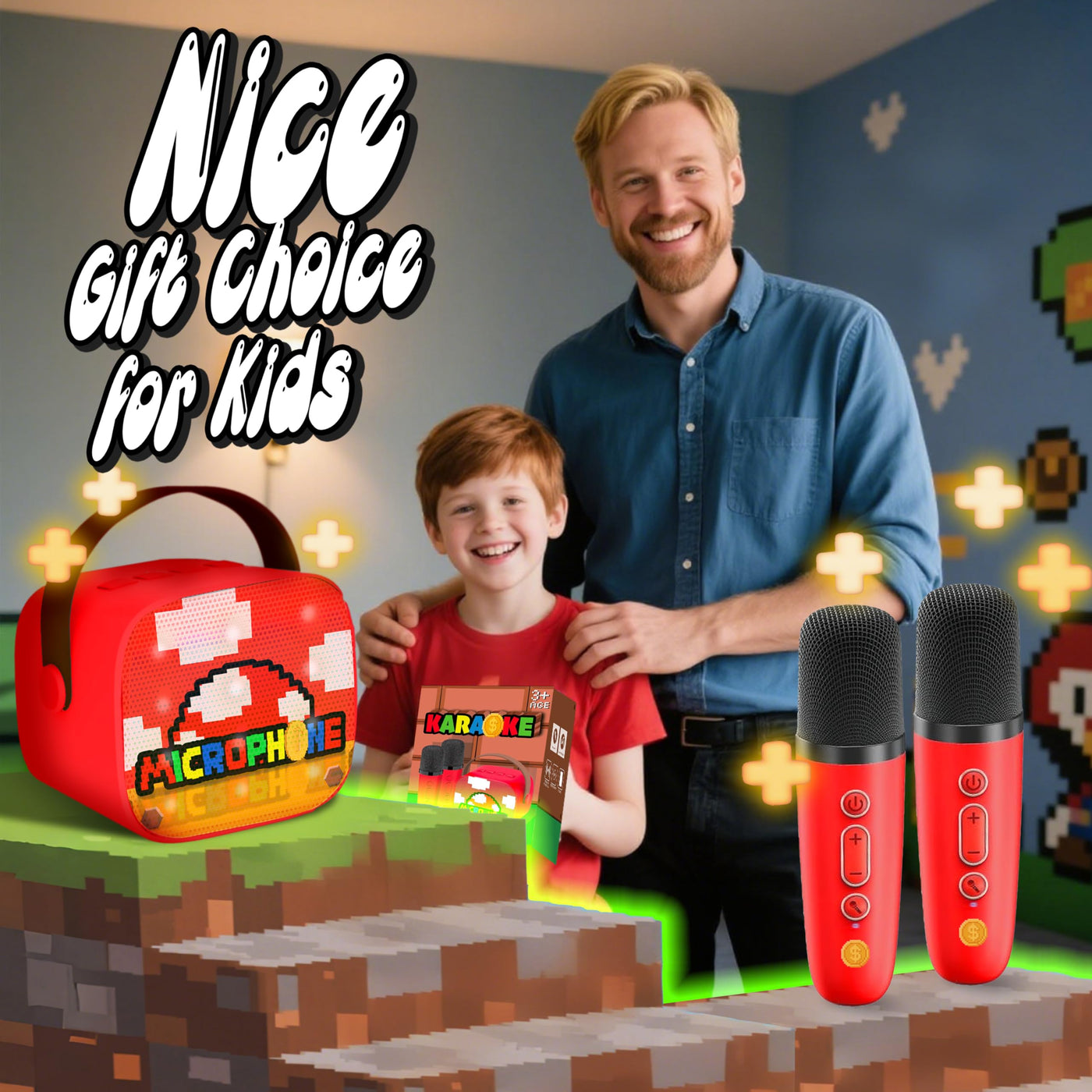 Mario Karaoke Maschine mit 2 Bluetooth Mikrofon, Pixel Miner Spielzeug, Mario Spielzeug für Kinder 3 4 5 6 7 8-12 Jahre, Tragbarer Karaoke Mikrofon, Geschenk für Jungen Mädchen ab 3-10 Jahre