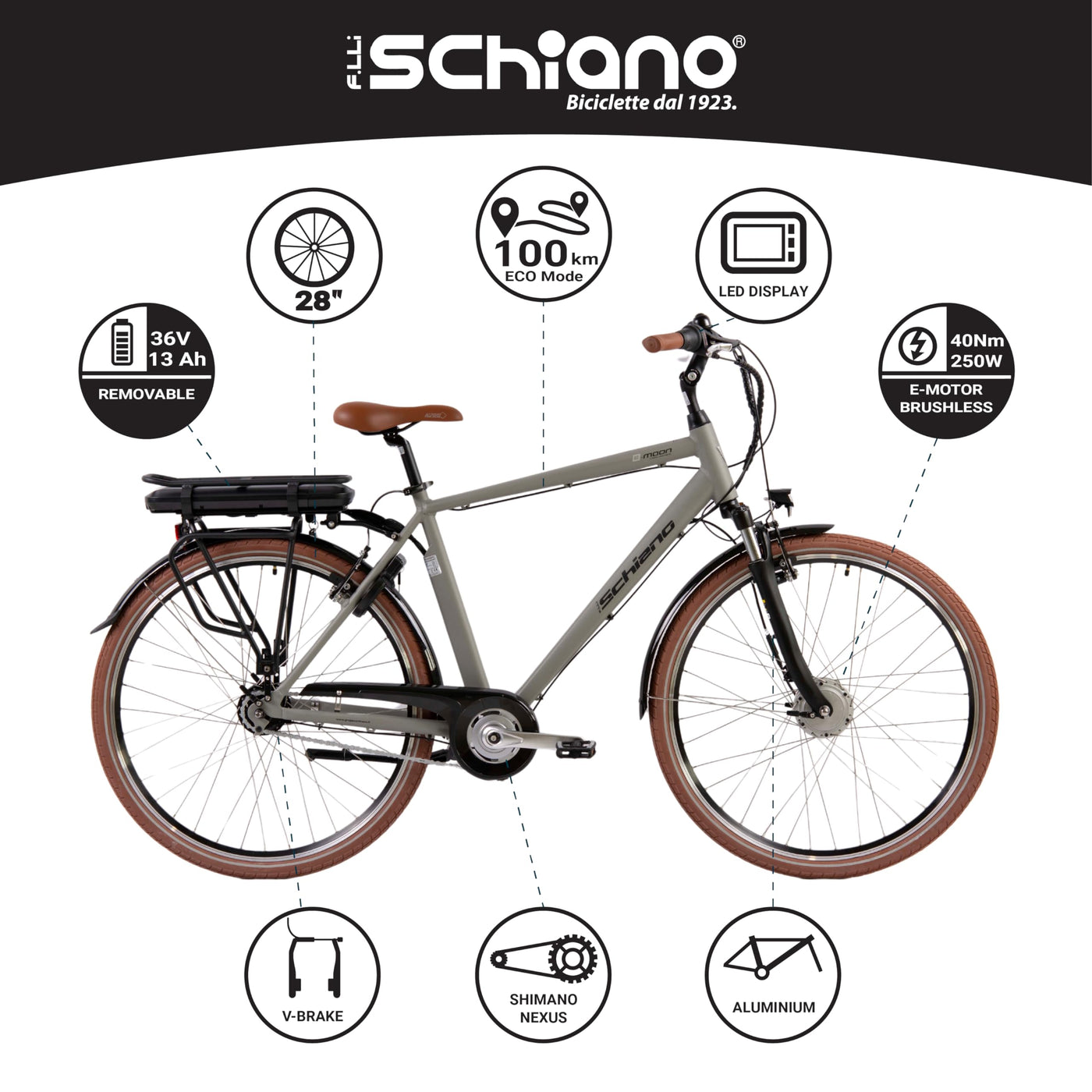 F.lli Schiano E-Moon, E Bike Trekking 28 Zoll, 36V 13Ah Abnehmbarer Akku, Motor 250W 40Nm, Trekking EBike für Herren, Grau
