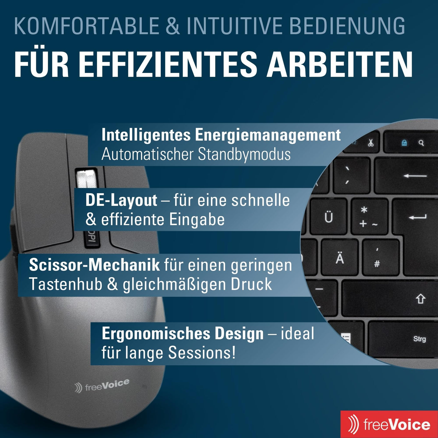 freeVoice Tastatur Set inkl. Maus I Kabellose & wiederaufladbare Tastatur für Laptop & Computer I Leise Computer-Tastatur mit Easy-Switch Taste I Flaches Keyboard für Büro, Zuhause & Home-Office