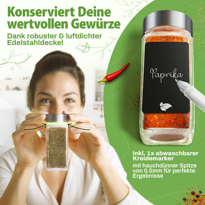 LAEVU Gewürzgläser Set Eckig | 24 Stk. 120ml - 10,7 x 4,5 cm | mit 350 Gewürzetiketten, 48 Streueinsätze, 1 Kreidestift zum Beschriften und noch mehr | 24