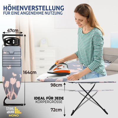 STAHLMANN ® großes Bügelbrett [120x42 Bügelfläche] mit Kleidungsplatte – robuster Bügeltisch – extra stabiles Bügelbrett [Made IN EU] – Tischbügelbrett