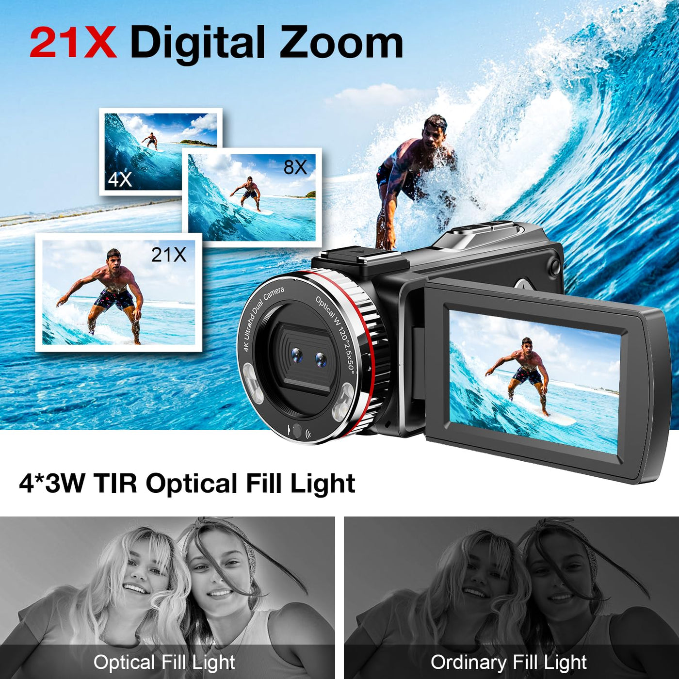 Videokamera 4K 64MP Camcorder Vlogging Kamera für YouTube,21X Digital Zoom, 3" 270° Drehbarer Screen Video Vlogging Dual Camera mit 64GB Karte, Mikrofon, Stabilisator, Fernbedienung,2 Batterien