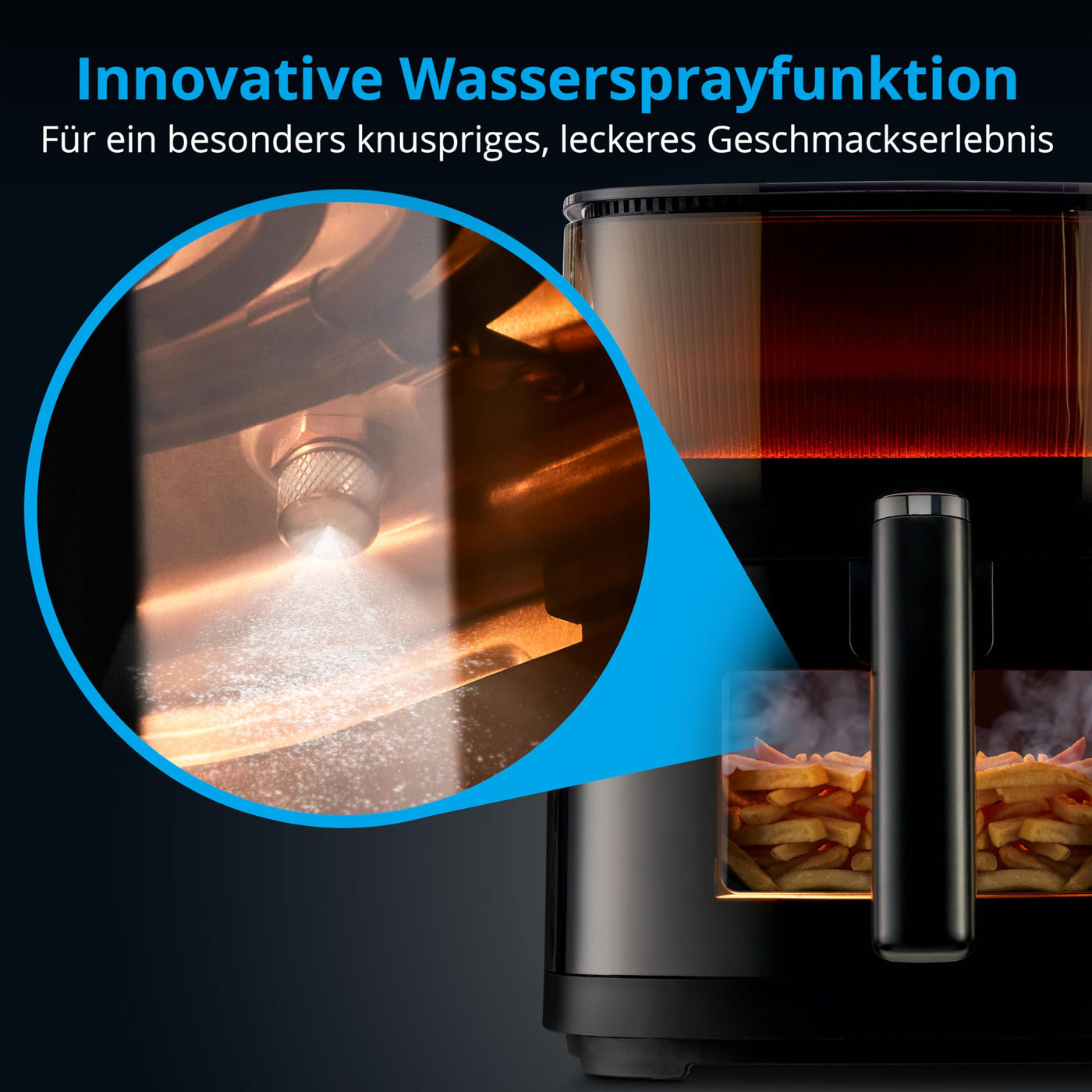 MEDION X10 XL Heißluftfritteuse (5 Liter Frittierkorb, innovative Wassersprühfunktion für krosse knusprige Speisen, 1.500 Watt, Sichtfenster, Schüttel Alarm,10 Automatikprogramme)