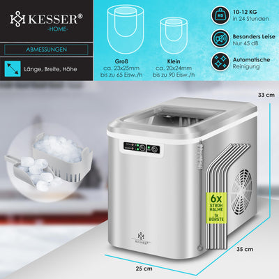 KESSER® Eiswürfelbereiter | Eiswürfelmaschine Edelstahl | Ice Maker | 12 kg 24 h | Zubereitung in 7 min | 2,2 Liter Wassertank | 2 Eiswürfel-Größen | LED-Display | Selbstreinigungsfunktion | Silber