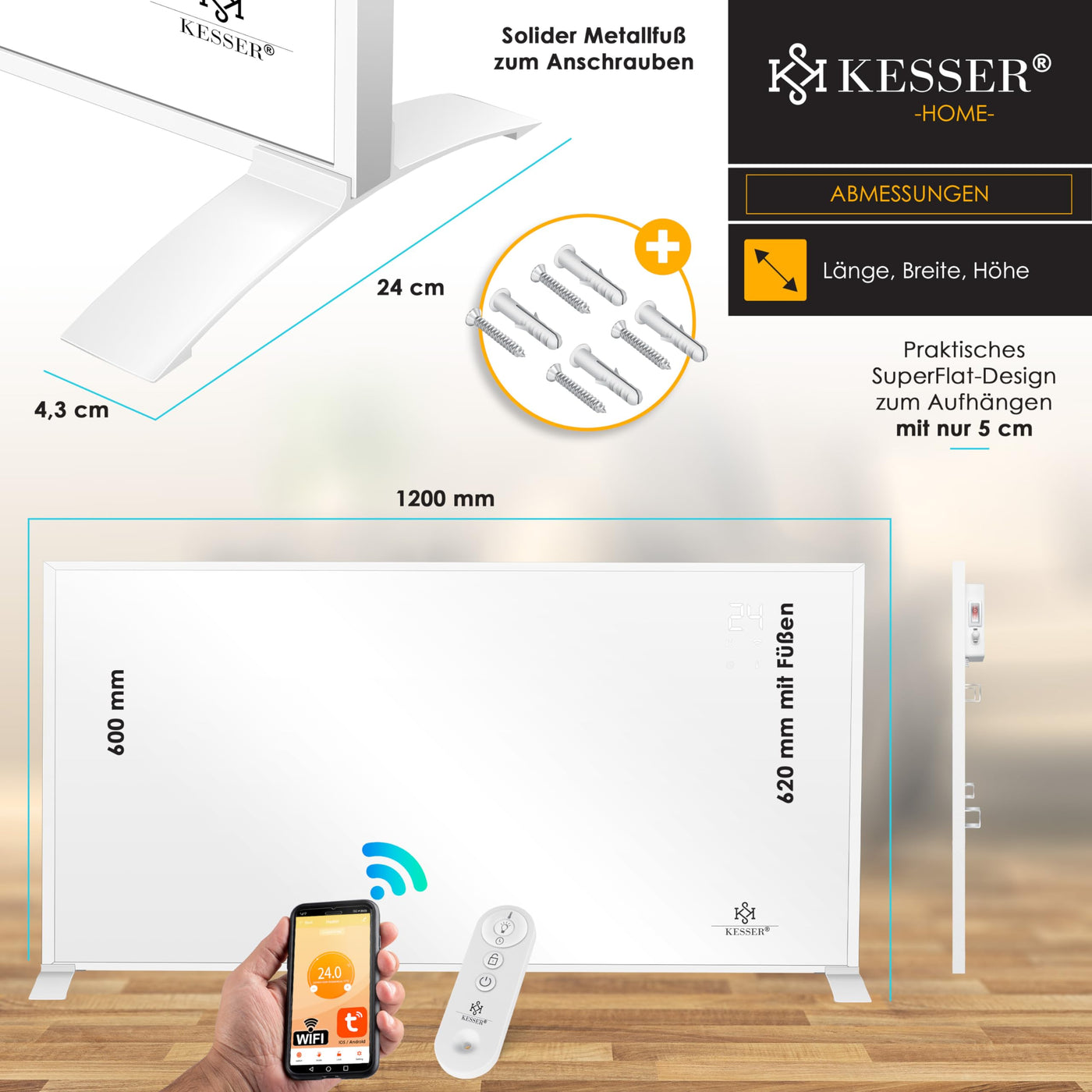 KESSER® Infrarotheizung Energiesparend Infrarot Standgerät & Wandmontage Elektroheizung 700W mit Fernbedienung Thermostat & App-Steuerung Elektrisch Heizpaneel Heizung Konvektor Standfüße