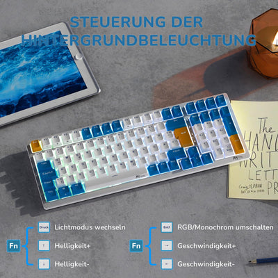 RK ROYAL KLUDGE RK98 Mechanische Tastatur Kabellose Gaming Tastatur 2.4G/Bluetooth 5.1/USB-C RGB Hinterleuchtet Deutsches Layout QWERTZ 100 Tasten Hot Swappable Braune Schalter, Weiß