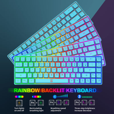 Snpurdiri 60% Tastatur Maus Set Kabellos, LED-Beleuchtung, wiederaufladbare 2000mAh Batterie Small Mini 60 Prozent Wireless Gaming Combo, Ergonomisches Design 6D 3200DPI Maus (Blau)